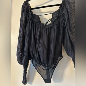 Free People Black Sheer Pleated Long-Sleeve Bodysuit with Smocked Neck